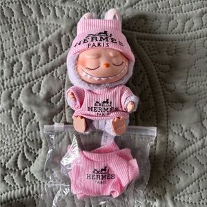 Imitation Hermes Pink Hat and Sweater Set for Labubu